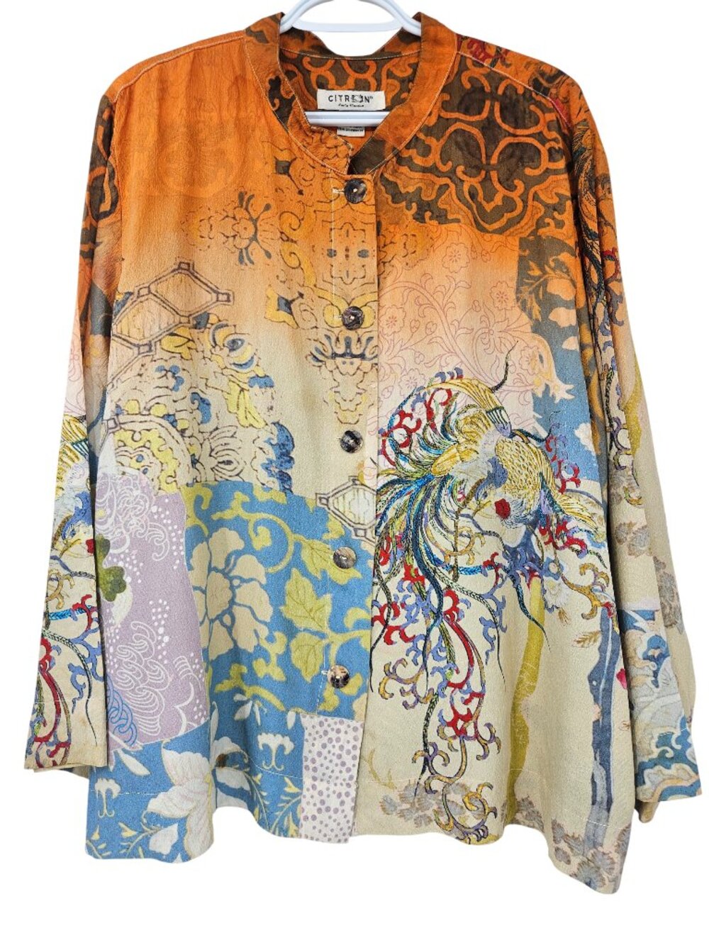 CITRON Santa Monica Silk Oriental Asian Print Button Up Top Women's Size 3X